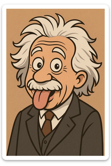 Einstein sticking his tongue out, playful expression, white hair, mustache, suit, cartoon style sticker