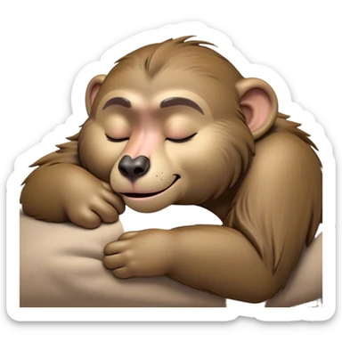 Meme-Worthy Cute Sleeping Baboon Portrait Emoji, Head resting peacefully with a contented smile, showcasing a robust build and a luxuriously soft Fur of earthy browns, eyes shut in a serene, restful nap, Simplified yet hilariously adorable features, highly detailed, glowing with a soft, drowsy light, high shine, relaxed and utterly lovable, stylized with an air of playful laziness, bright and heartwarming, soft glowing outline, capturing the essence of a comically sleepy baboon, so meme-worthy it feels like it could instantly become the next viral sensation of adorable slumber! sticker