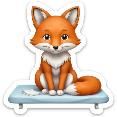 A small fox patient with bandaged tail, sitting shyly on the exam table.
 sticker