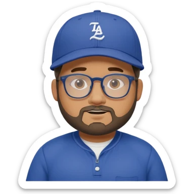 Create a figure that reflects an experienced social media manager but who has youthful and sporty clothing, a little chubby, a New Era cap, glasses, a beard and a slightly funny and friendly face. sticker
