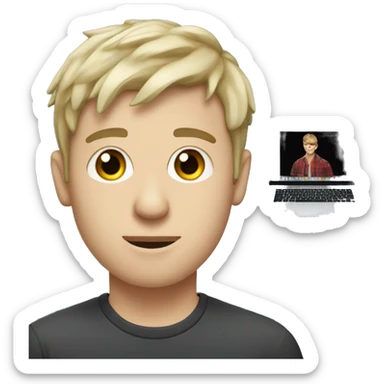 white boy Music producer with a macbook, short hair with fringe sticker