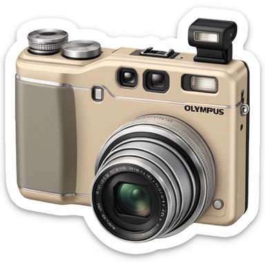 Olympus Superzoom 70G camera, grayish-beige color, accurate representation with correct proportions and silhouette, compact rectangular body with rounded edges, small viewfinder, built-in flash unit on top, lens with zoom functionality, exactly matching the real Olympus Superzoom 70G design sticker