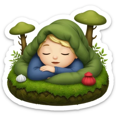 cozy forest character curled up on moss pillow with nightcap sticker