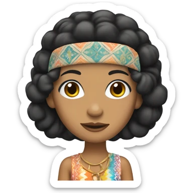 Tanned woman with black hair dressed in 1970s hippie attire, hair, makeup, and  attire with headband  sticker