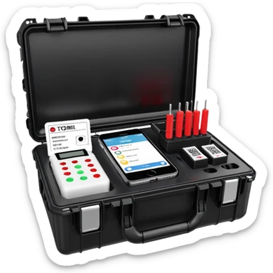 An open, black outdoor test case.Interior: control panel with colored test jacks, USB ports, and a power outlet. A red test probe is located next to it. On the left side of the case is a large roll of white, round test labels displaying QR codes.  sticker