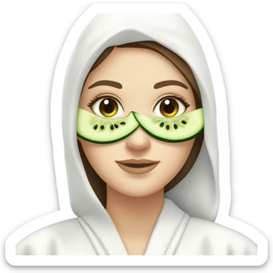 White girl with Brown hair and blue eyes wears a Green colored clay mask( skincare) and puts on cucumbers around her eyes while She relaxes in her white Robe sticker