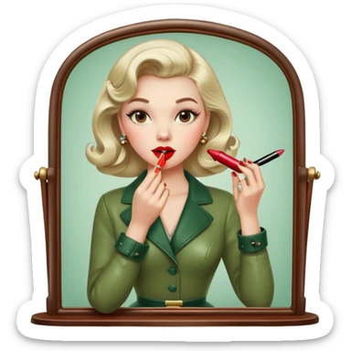 Cartoon version of a blogger applying red lipstick in a vintage mirror, classic 50s outfit, warm leather and marsh green tones sticker