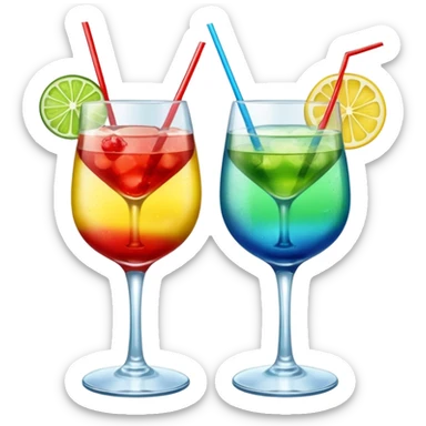 Create an emoji of two cocktails, one glass of green and yellow color and one glass of blue and red, without any fruit, put the action of cheers or party that two glass click together sticker