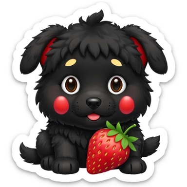 A black fluffy puppy with a strawberry sticker
