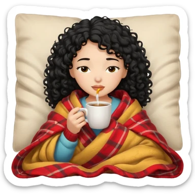 girl with black curly hair inside a blanket sipping coffee eyes closed sticker