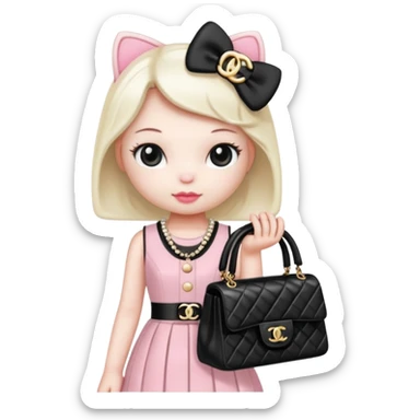 Hello Kitty wears in Chanel with a black bag Timeles sticker