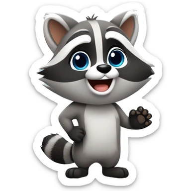 A cute fluffy raccoon waves his paw and greets sticker