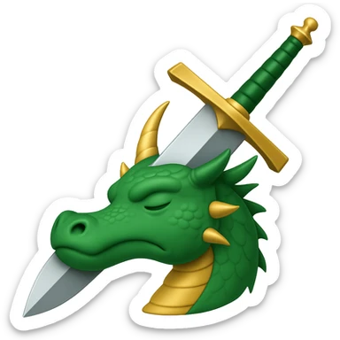 Make the sword much larger, keep the green dragon's head defeated, symbolizing conquering a challenge, in WhatsApp emoji style with no background. sticker