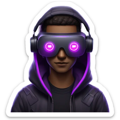 Cyberpunk style. Violet neon. Man with light skin in the black hoody with violet OMG VR logo on it wearing vr headset oculus quest 2 sticker