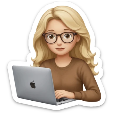 blonde girl with long dark blonde wavy hair, pantos-style glasses, a brown sweater, sitting with a laptop, soft pastel, upper body shot sticker