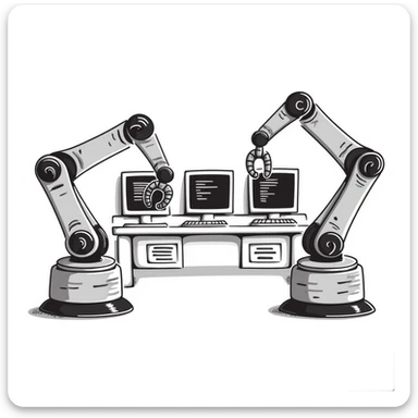 A robotics lab with mechanical arms and old CRT monitors sticker