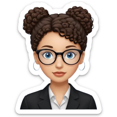 a woman, 30 years old, light skin with dark brown curly hair in a bun with some face framinig pieces. eyeglasses. Black suite on. blue eyes. sticker