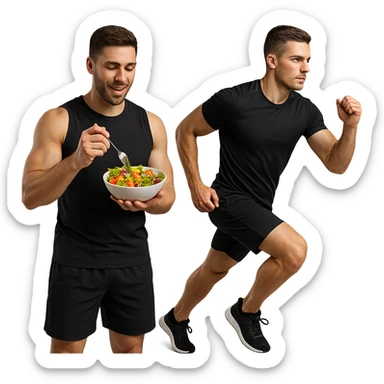 UOMO FITNESS CHE MANGIA INSALATA ACCANTO A UOMO FITNESS CHE CORRE IN POSA FRONTALE sticker