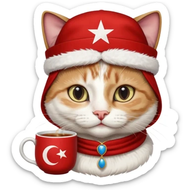 Arkasında Türk bayrağı olan  ve çay içen kafasına fes takan bir van kedisi sticker