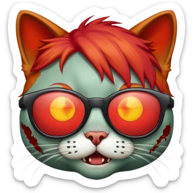 Zombie cat with red hair and sun glasses face sticker