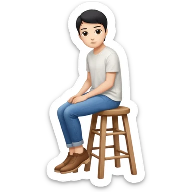 a person sitting on stool showing backward sticker