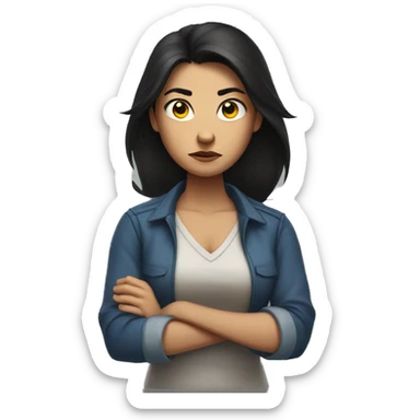 Angry scowling woman, long dark hair, with arms crossed over chest. sticker