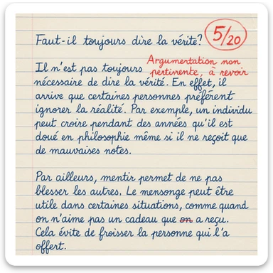 handwritten high school philosophy assignment in French, blue ink, lined paper, grade 5/20 circled in red at top right, teacher's feedback in French: 'Argumentation non pertinente, à revoir' in red, some underlined mistakes sticker