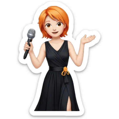 singer, Middle age, orange hair, happy, holding mic, wearing dress sticker