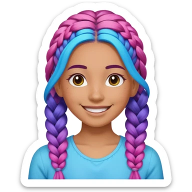 Woman with braided rainbow hair, happy — long braids fading from pink to blue sticker