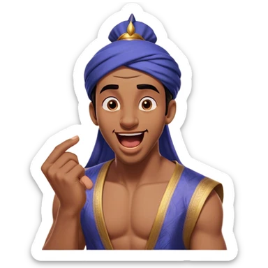 Cinematic Realistic Aladdin Portrait, head tilted slightly with a dramatic, wide-open yawn, revealing a relaxed, yet still vigilant expression. The lifelike textures of his skin and carefully rendered fabric of his attire combine with warm, ambient lighting to capture a moment of endearing, laid-back heroism. sticker