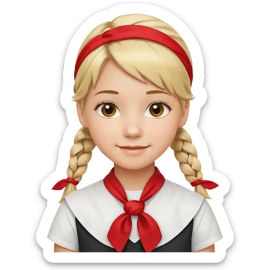 A Soviet pioneer girl emoji — smiling young girl with blonde hair tied into two short braids. She wears a white school shirt and a wide bright red pioneer neckerchief tied in a loose triangular knot at the chest (not a necktie) sticker