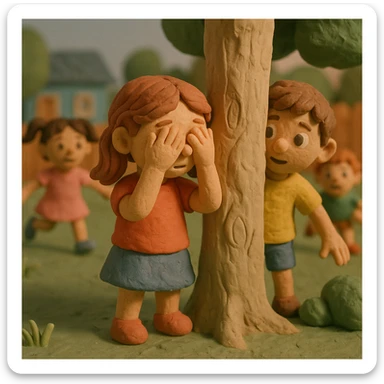 Children playing hide and seek in a yard, claymation style, pastel colors, visible fingerprints, matte plasticine texture. sticker