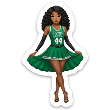 A 47-year-old dark ebony black woman with brown eyes, long body wave black brown baylaige hair dressed in sexy 
celtics jersey costume outfit and stilettos  sticker