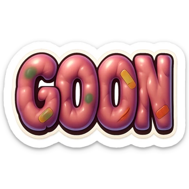 The word GOON with amorphous, glossy, blobby muscle shapes under the skin, with small adhesive bandages, greenish bruises, and comic-style scrapes. Retro sticker style, no background. sticker