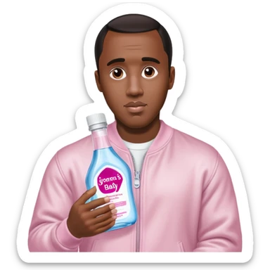 A realistic product shot of a transparent bottle of Johnson’s Baby Oil by Johnson & Johnson, featuring a soft pink label. The oil inside is crystal clear and glossy. Sean "Diddy" Combs is holding the bottle sticker