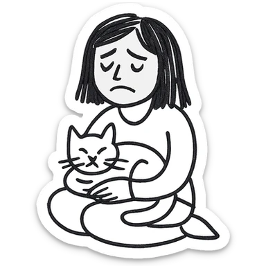 a sad brunette woman with straight hair sitting on the floor, holding a ginger cat in her lap sticker
