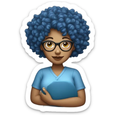 blue curly hair woman with glasses holding a ham sticker