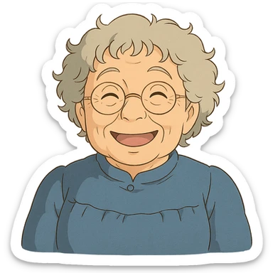 ghibli style illustration of a happy elderly Caucasian woman, grey curly hair, glasses sticker