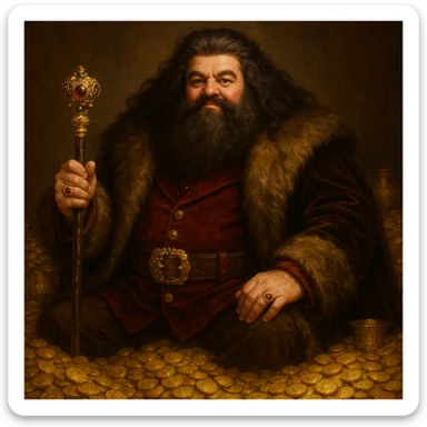 A rich, opulent version of Hagrid with a jeweled cane and a fur-lined cloak, surrounded by gold coins, detailed, fantasy art sticker