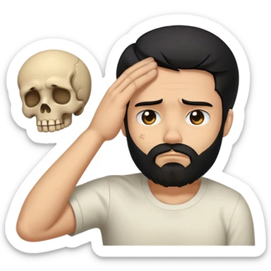 Facepalm emoji with disappointed expression, cartoon skull beside, trimmed beard, medium-length black hair, short sides, hair forward sticker