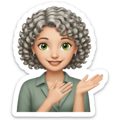silver, short, wavy-haired with curls, smiling pretty lady, 2 fingers crossed on one hand, green/brown eyes sticker