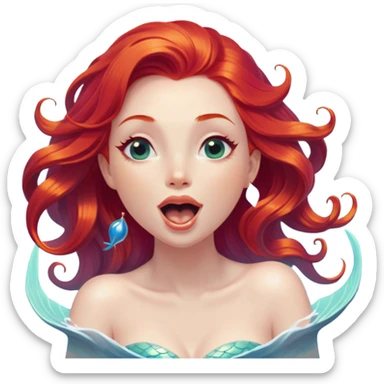 Cinematic Realistic Red Hair Mermaid Portrait, head tilted slightly with a dramatic, wide-open yawn, revealing a tender, relaxed visage with delicately detailed porcelain skin and vibrant, cascading red hair softly billowing around her. Her dreamy eyes exude a serene, aquatic charm, rendered with gentle underwater lighting and high shine—capturing the essence of a drowsy yet mesmerizing mermaid drifting into a tranquil slumber beneath the sea. sticker