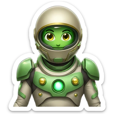 the energy-man-star with big green eyes. Dressed in a khaki spacesuit with gold accents sticker