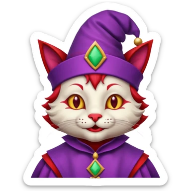 crazy colorful cute little cat jolly joker from poker, medieval, vintage, court jester, mac os icon, purple and red color, half body sticker
