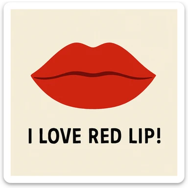 minimalist illustration of a closed mouth with matte red lips, bold colors, and the text 'I love red lip!' included sticker