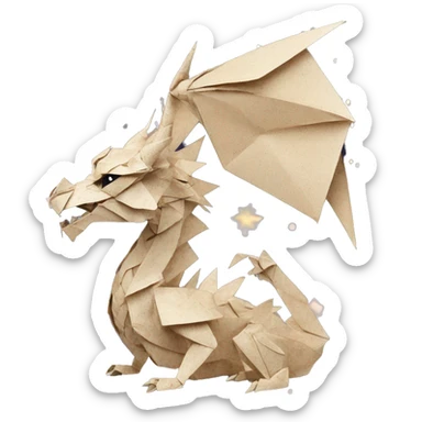 Sparkling patterned Beige Origami dragon with a dried flower crown made of newspapers intricate patterns surrounded by fairy lights nebula galaxy stars swirls sticker