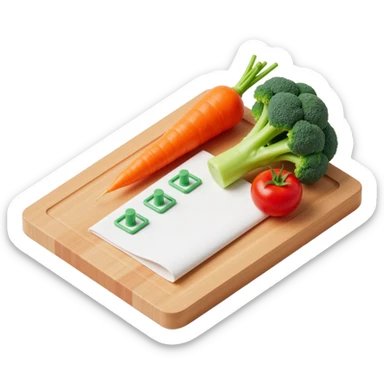 carrot tomato brocoli on the wooden cutting board with floating rolled paper list with green checkboxes sticker