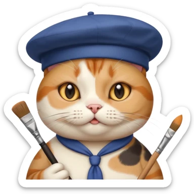 A cute chubby cat that is an artist, full body shown sticker