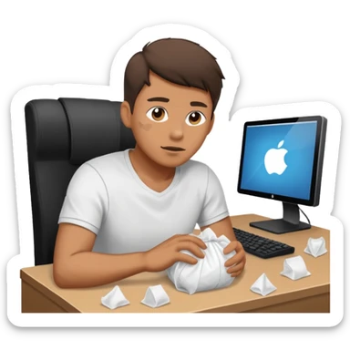 Man sitting at a pc gaming set up with balled up tissues all over the place  sticker