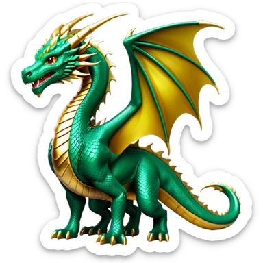 cinematic-noble-dragon-full body-emoji,-poised-and-majestic,-with-a-sinuous,-elongated-build-and-shimmering,-scale-covered-skin-in-hues-of-emerald-and-gold,-piercing,-fiery-eyes,-simplified-yet-sharp-and-sophisticated-features,-highly-detailed, zoomed out showing the serpentine body sticker